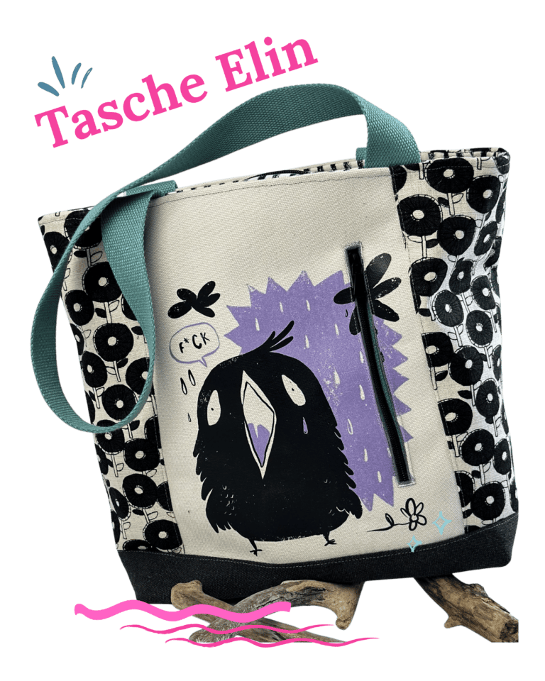 An artistic bag with a bird design and colorful accents.