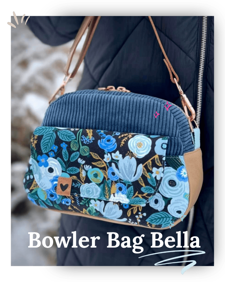 Colorful Bella Bowler Bag with a floral pattern and corduroy details.