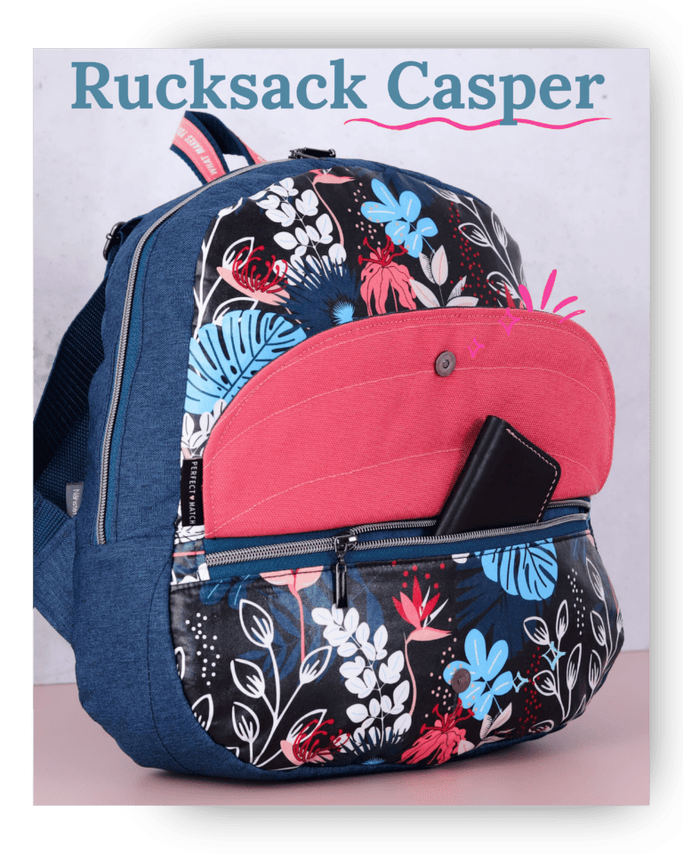 Casper's colorful backpack with a floral design and practical compartments.