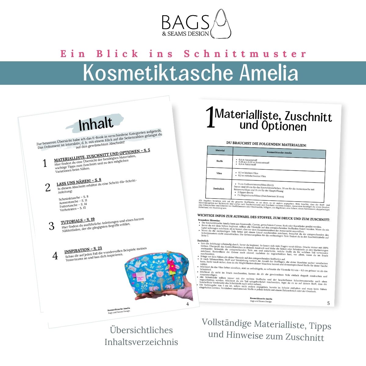 Übersichtliche Inhaltsverzeichnis der Kosmetiktasche Amelia mit herausnehmbarer Schminktasche.